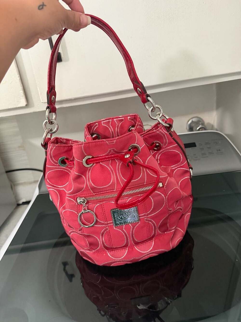 Y2k COACH Poppy Signature Cinch Drawstring Bucket Bag Silver Metallic Creed